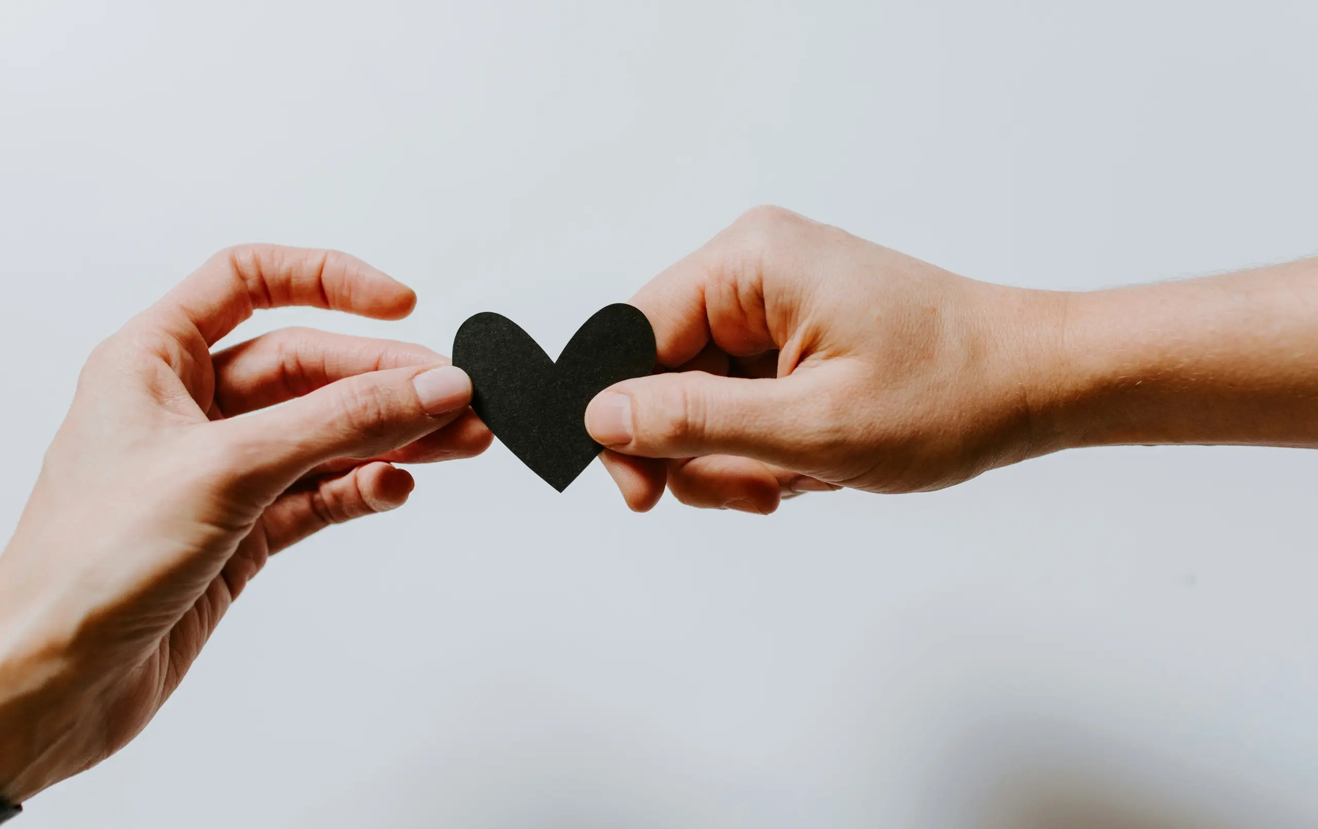 Two light-skinned hands holding a black paper heart against a white background.